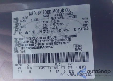 2008 Ford Ranger Xl/Xlt из США, поврежденный, VIN 1FTYR10D88PA08237